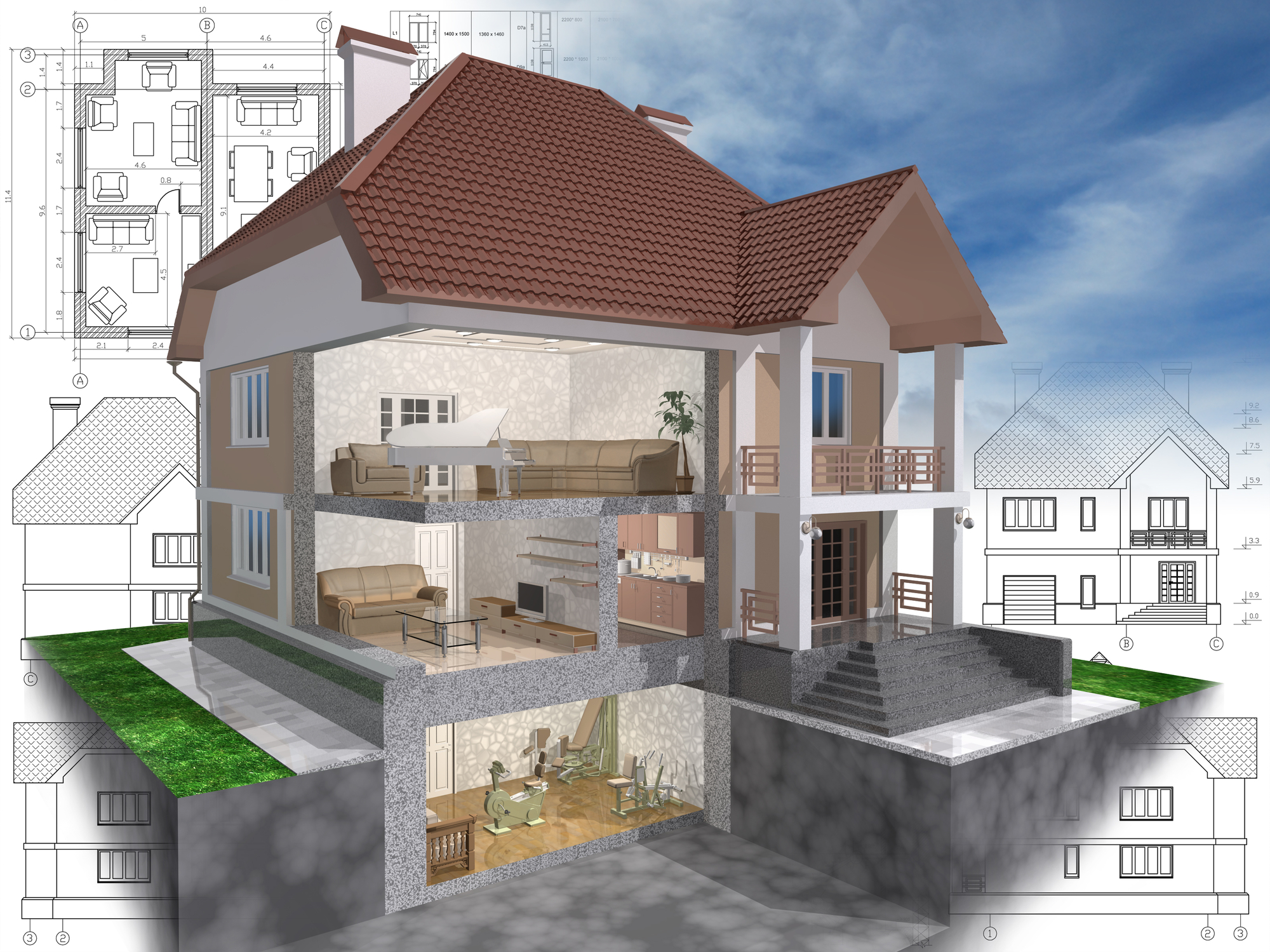 rendering of inside of home with construction plans surrounding it